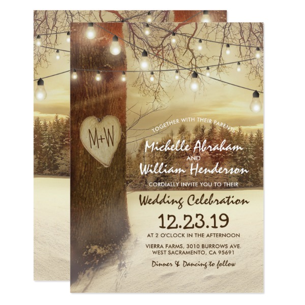 Rustic Winter Tree Twinkle Lights Wedding Invitation